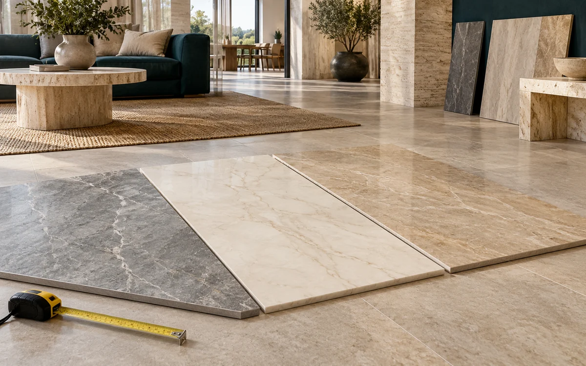 Các mẫu gạch lát nền vân đá xếp cạnh nhau trên sàn