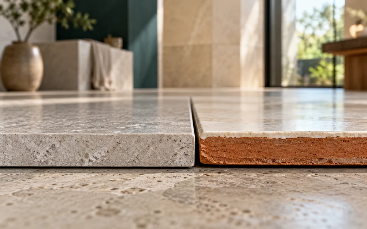 Cạnh gạch porcelain và gạch ceramic đặt cạnh nhau